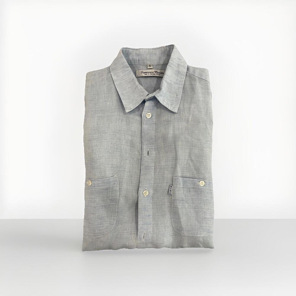 FRANCESCO CASOLA 100% LINEN BABY BLUE CASUAL BUTTON SHIRT SIZE LARGE MADE ITALY